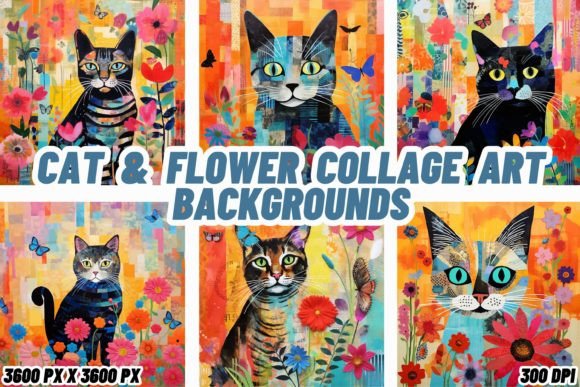 Cat & Flower Collage Art Backgrounds: Whimsical Design Assets
