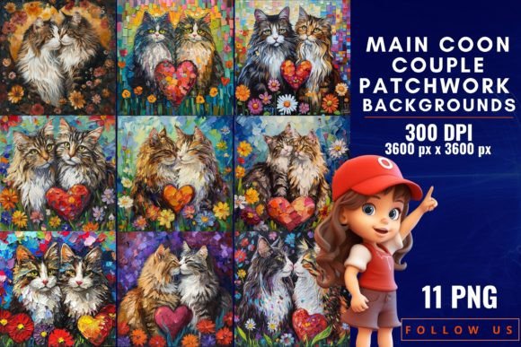 Maine Coon Couple Patchwork Backgrounds: A Cozy Design Asset
