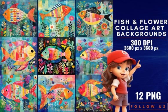 Whimsical Charm: Fish & Flower Collage Art Backgrounds